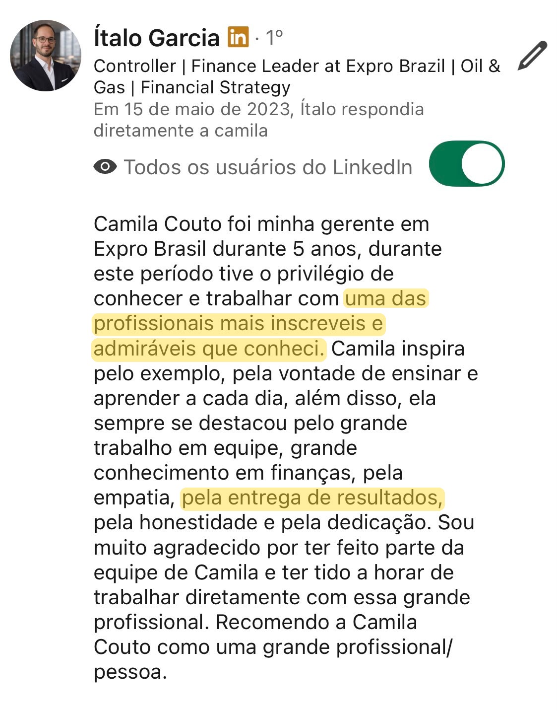 Print do depoimento de Ítalo Garcia